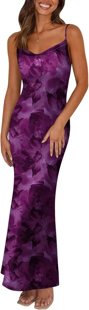 Floral Maxi Dress for Women Summer Sexy Backless Adjustable Spaghetti Strap Dresses Trendy Color Block Tunic Dresses