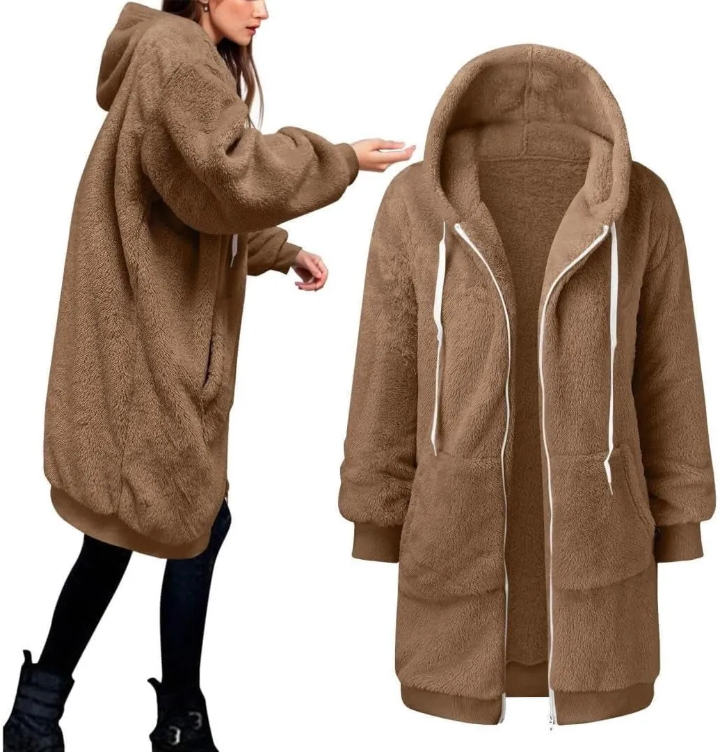 FMCHICO Fleece Coat for Women,Women's Oversized Zip Up Hooded Jacket Winter Plus Size Sherpa Coat