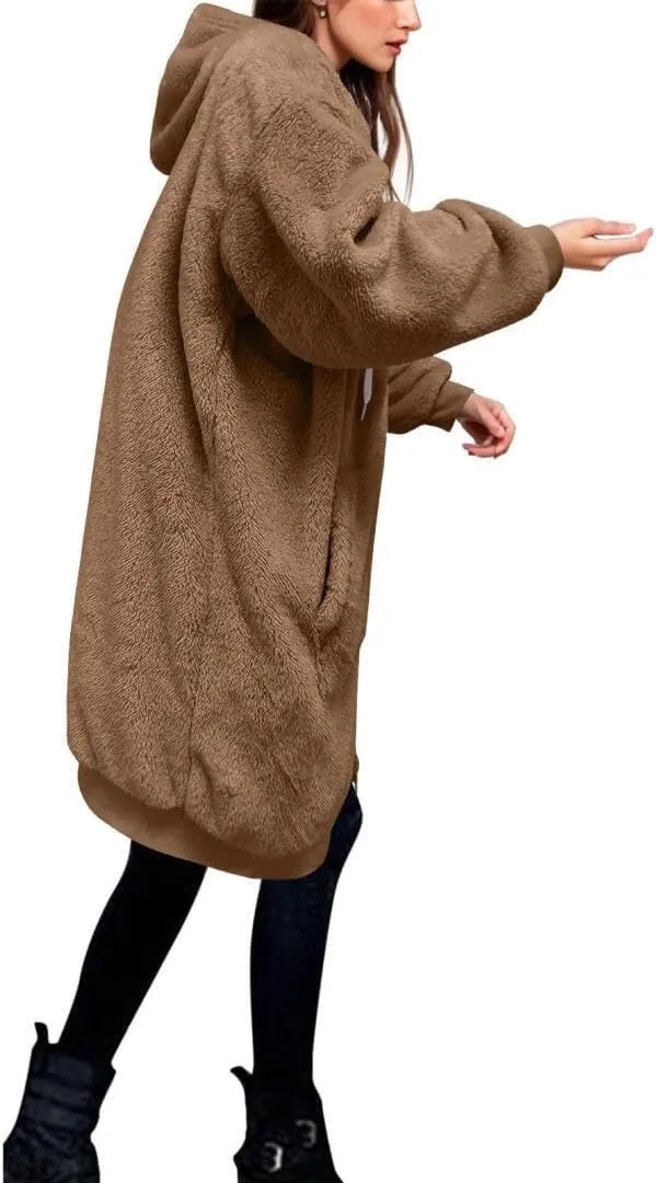 FMCHICO Fleece Coat for Women,Women's Oversized Zip Up Hooded Jacket Winter Plus Size Sherpa Coat