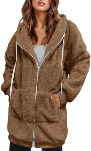 FMCHICO Fleece Coat for Women,Women's Oversized Zip Up Hooded Jacket Winter Plus Size Sherpa Coat