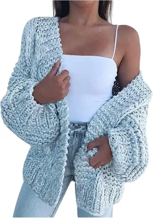 FMCHICO Women's Long Sleeve Cable Knit Cardigan Sweaters Open Front Outwear Coat