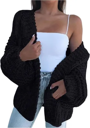 FMCHICO Women's Long Sleeve Cable Knit Cardigan Sweaters Open Front Outwear Coat