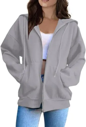FMCHICO Women's Oversized Hoodies for Women Full Zip Up Long Sleeve Sweatshirts Drawstring Jackets Coat with Pockets