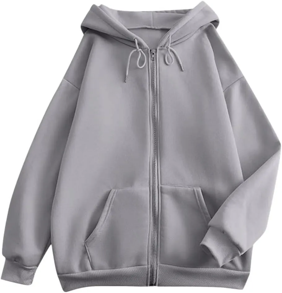 FMCHICO Women's Oversized Hoodies for Women Full Zip Up Long Sleeve Sweatshirts Drawstring Jackets Coat with Pockets