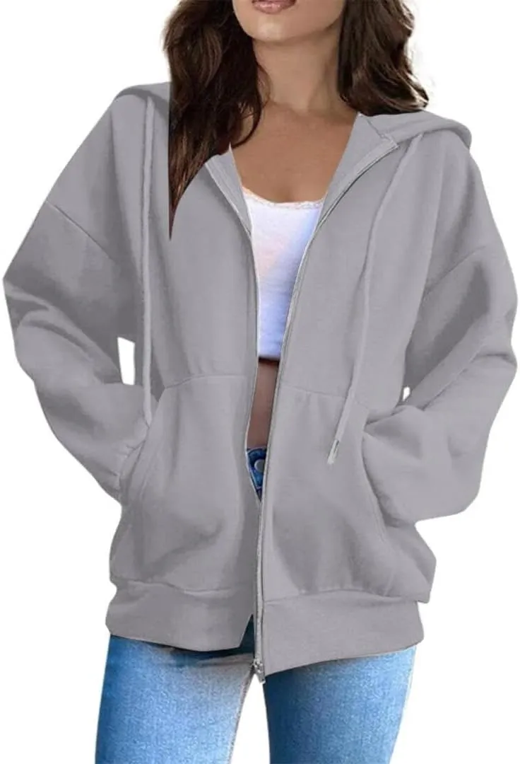 FMCHICO Women's Oversized Hoodies for Women Full Zip Up Long Sleeve Sweatshirts Drawstring Jackets Coat with Pockets