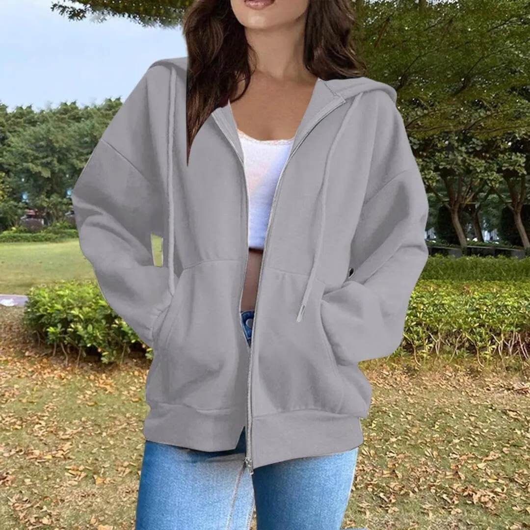 FMCHICO Women's Oversized Hoodies for Women Full Zip Up Long Sleeve Sweatshirts Drawstring Jackets Coat with Pockets