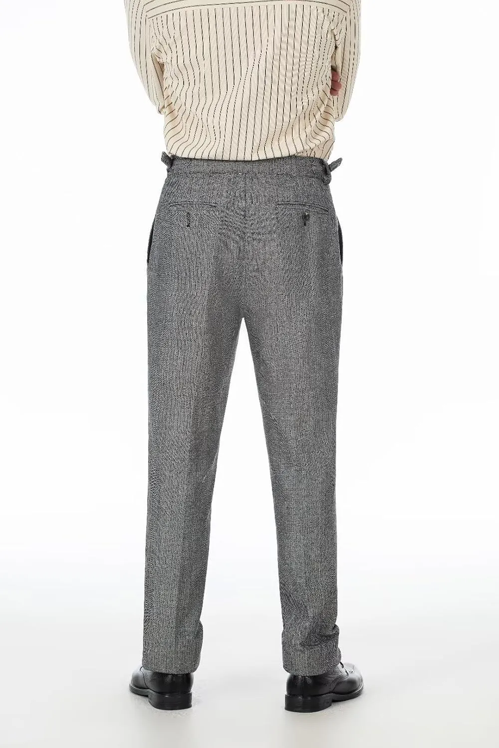 Formal Men Dress Pants with Design Buckle Tweed Herringbone Flat Wool Winter Groomsman Wear Tailored Fit
