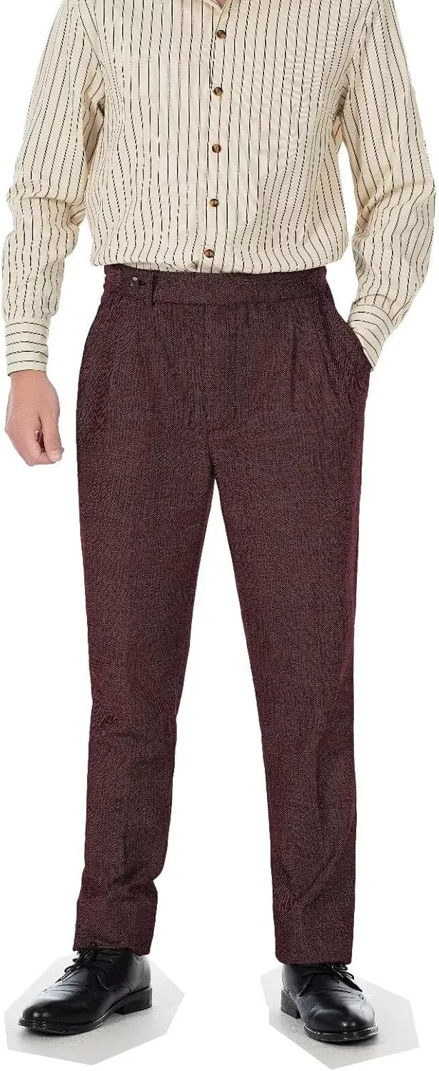 Formal Men Dress Pants with Design Buckle Tweed Herringbone Flat Wool Winter Groomsman Wear Tailored Fit