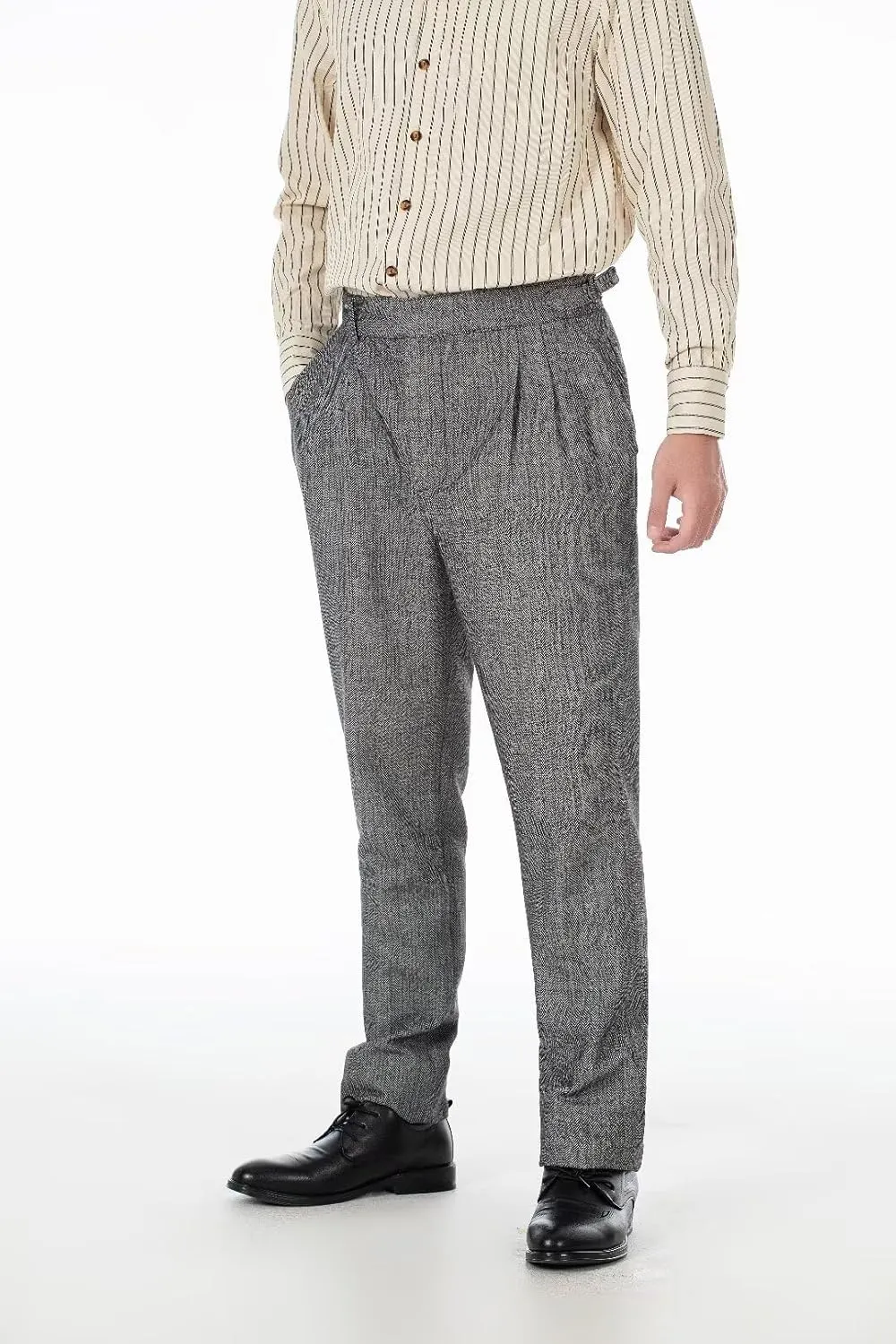 Formal Men Dress Pants with Design Buckle Tweed Herringbone Flat Wool Winter Groomsman Wear Tailored Fit