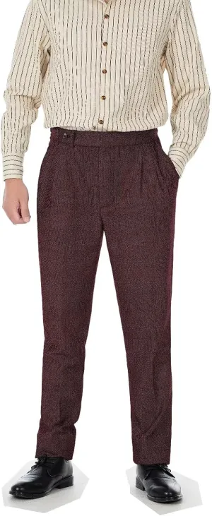 Formal Men Dress Pants with Design Buckle Tweed Herringbone Flat Wool Winter Groomsman Wear Tailored Fit