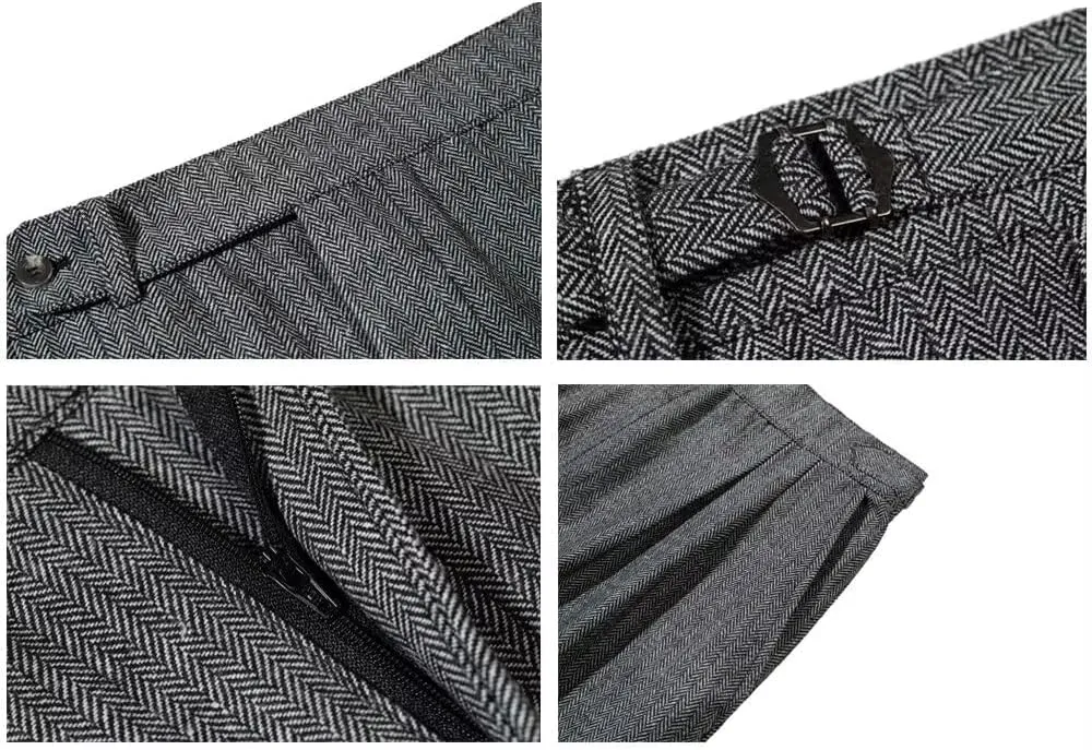 Formal Men Dress Pants with Design Buckle Tweed Herringbone Flat Wool Winter Groomsman Wear Tailored Fit