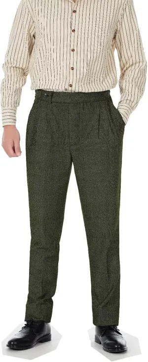 Formal Men Dress Pants with Design Buckle Tweed Herringbone Flat Wool Winter Groomsman Wear Tailored Fit