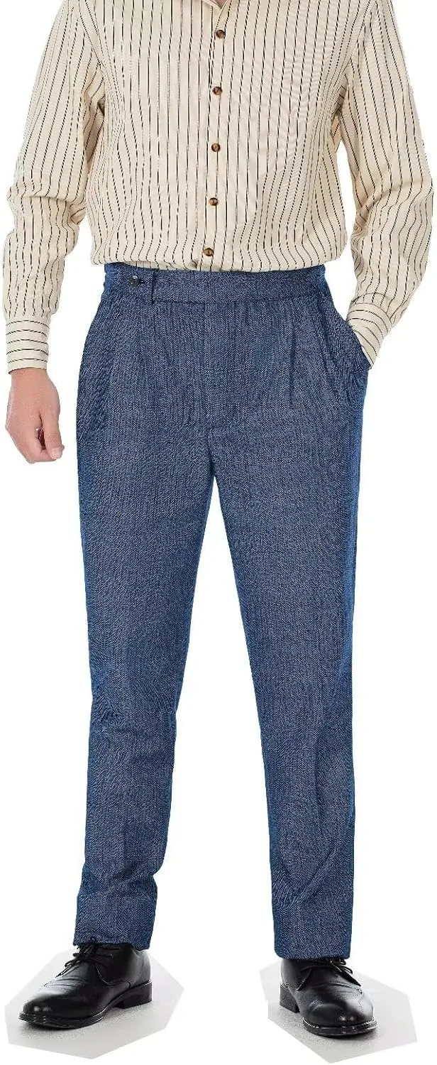 Formal Men Dress Pants with Design Buckle Tweed Herringbone Flat Wool Winter Groomsman Wear Tailored Fit