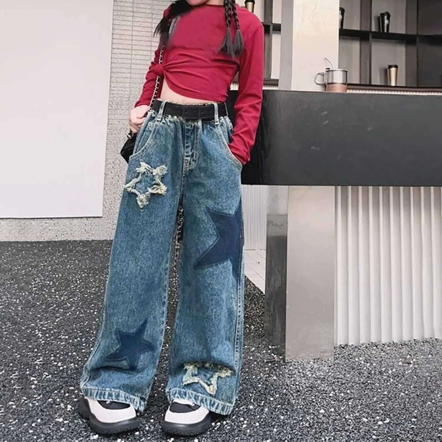 Girls Baggy Jeans Denim Elastic Waist Wide Leg Pants, Kids Star Casual Distressed Jeans with Pockets Streetwear Clothes