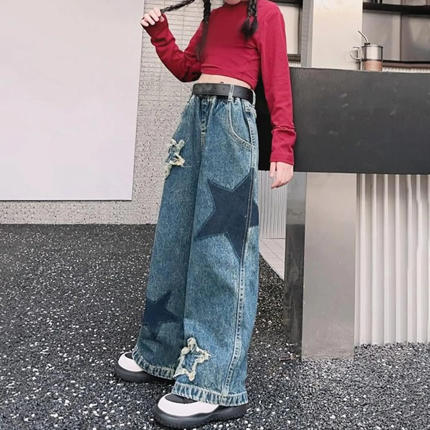 Girls Baggy Jeans Denim Elastic Waist Wide Leg Pants, Kids Star Casual Distressed Jeans with Pockets Streetwear Clothes