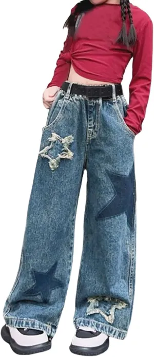 Girls Baggy Jeans Denim Elastic Waist Wide Leg Pants, Kids Star Casual Distressed Jeans with Pockets Streetwear Clothes