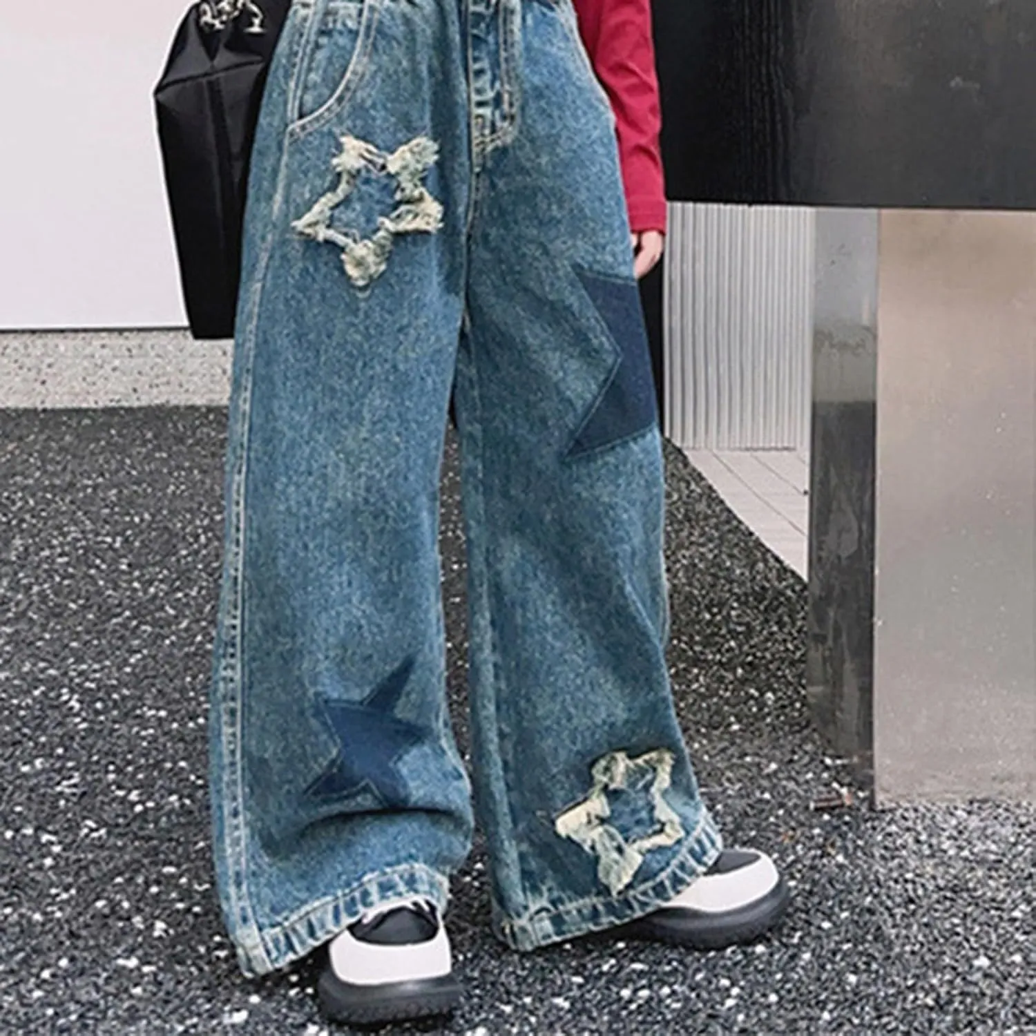 Girls Baggy Jeans Denim Elastic Waist Wide Leg Pants, Kids Star Casual Distressed Jeans with Pockets Streetwear Clothes