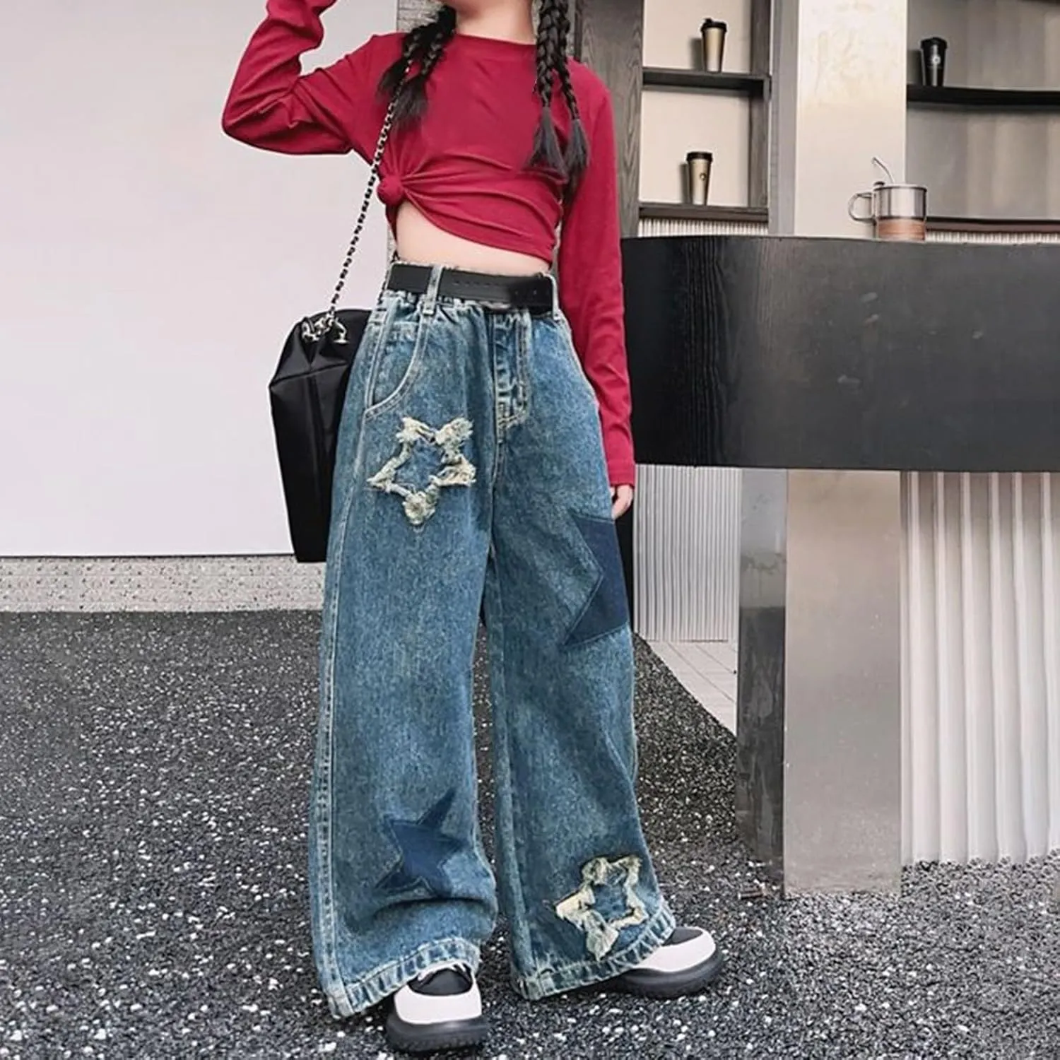 Girls Baggy Jeans Denim Elastic Waist Wide Leg Pants, Kids Star Casual Distressed Jeans with Pockets Streetwear Clothes