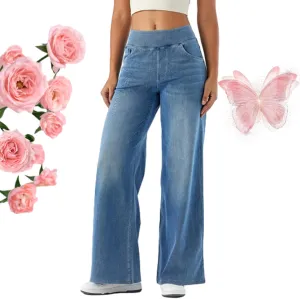 Grevela Pull Up Jeans, Grevela Stretch Jeans, High Waisted Multiple Pockets Wide Leg Washed Stretchy Knit Casual Jean