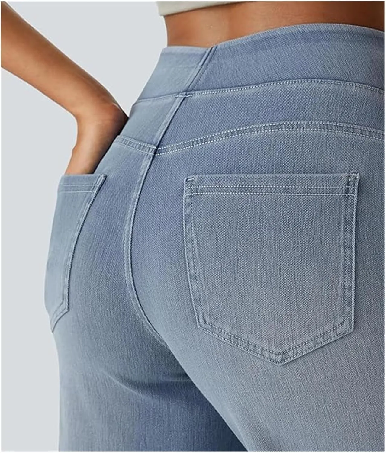 Grevela Pull Up Jeans, Grevela Stretch Jeans, High Waisted Stretchy Pull On Wide Leg Denim Pants with Pocket