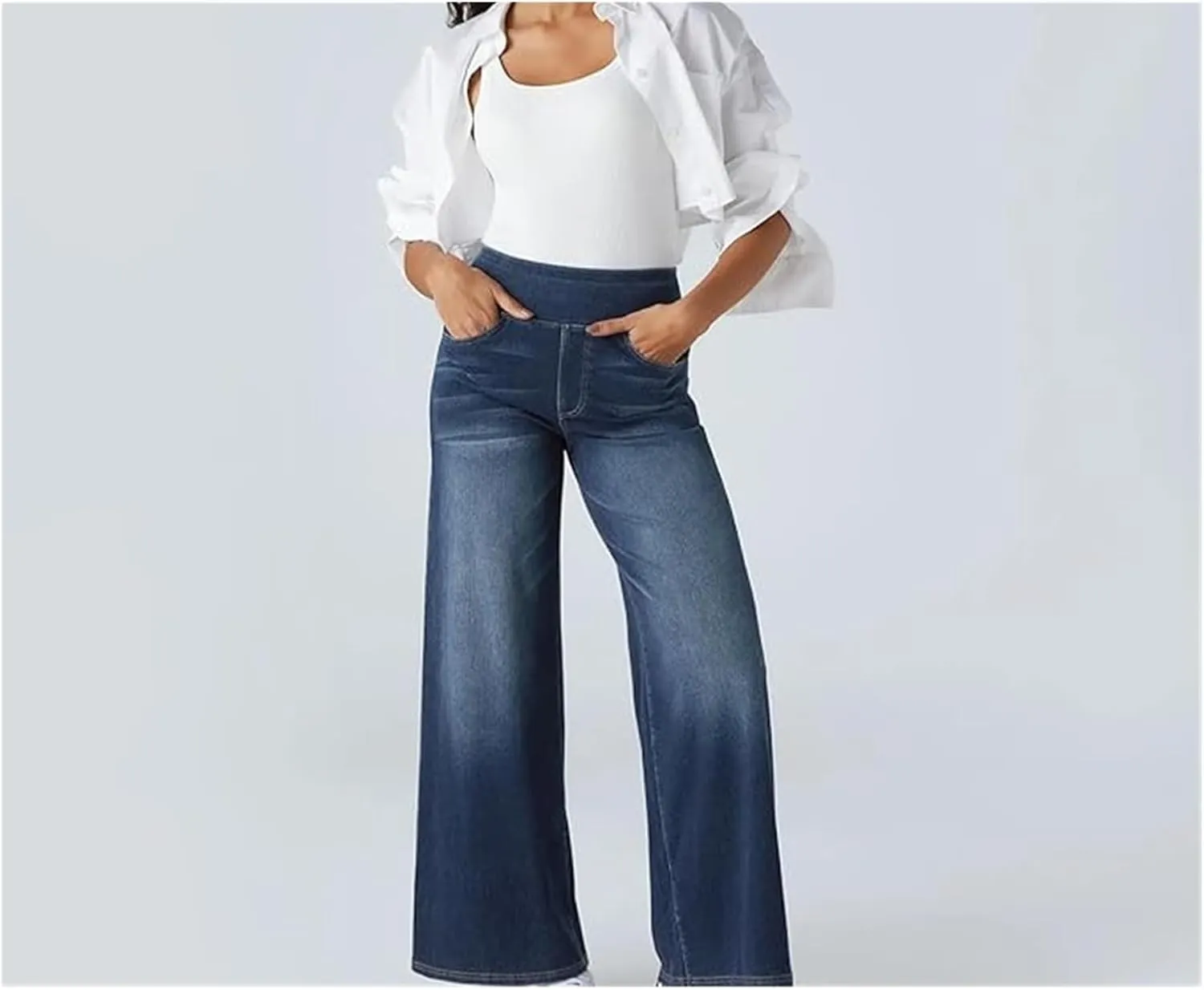 Grevela Pull Up Jeans, Grevela Stretch Jeans, High Waisted Stretchy Pull On Wide Leg Denim Pants with Pocket
