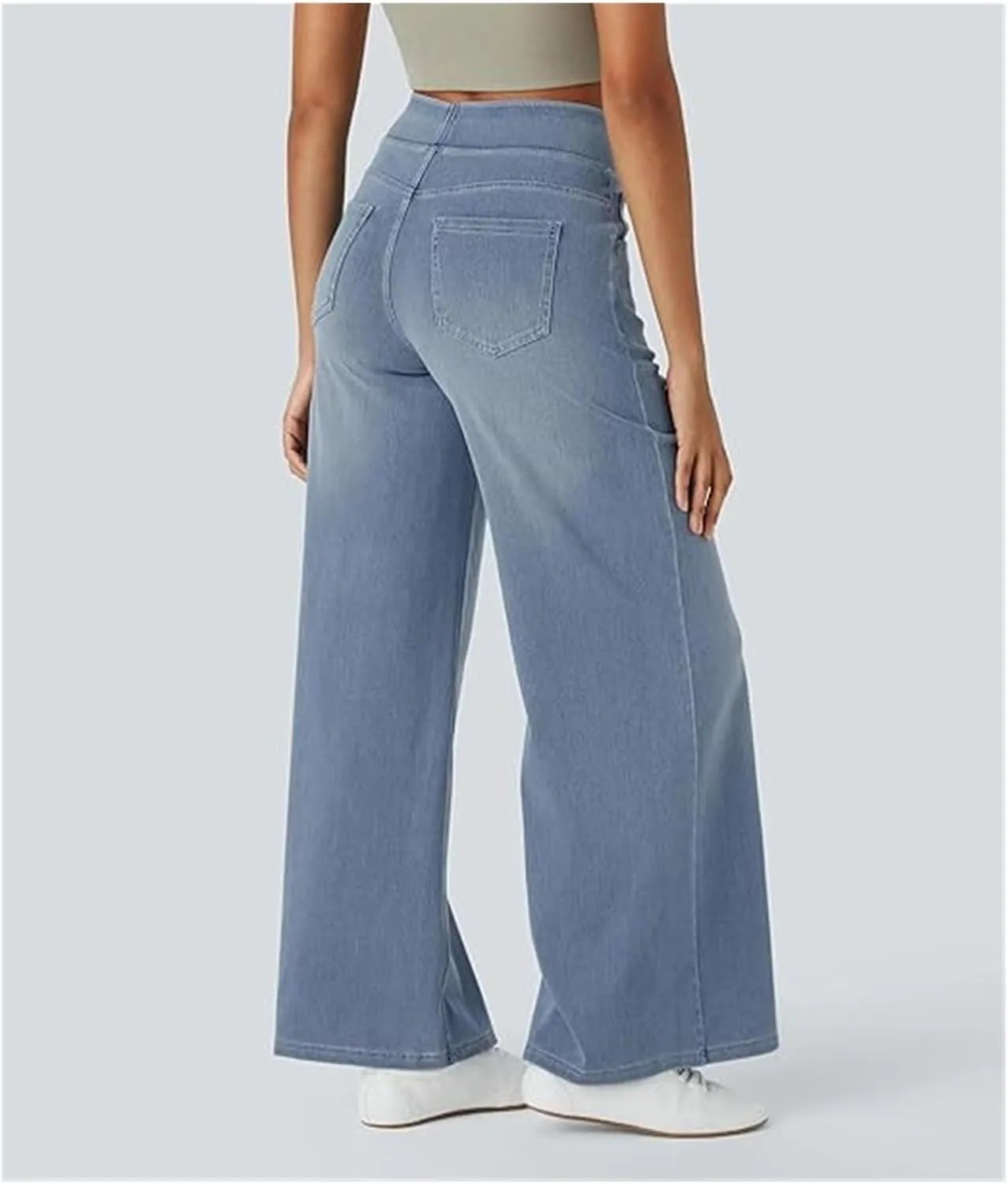 Grevela Pull Up Jeans, Grevela Stretch Jeans, High Waisted Stretchy Pull On Wide Leg Denim Pants with Pocket