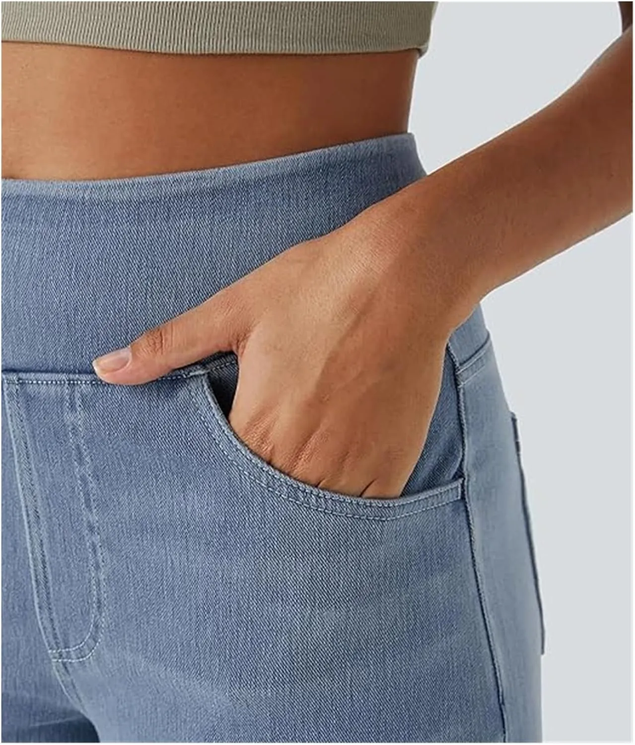 Grevela Pull Up Jeans, Grevela Stretch Jeans, High Waisted Stretchy Pull On Wide Leg Denim Pants with Pocket