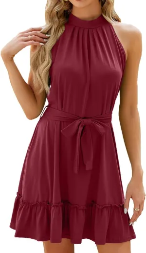 Halter Neck Dresses for Women Wedding Guest Beach Vacation Outfits Belted Sundresses Sexy Sleeveless Mini Dress