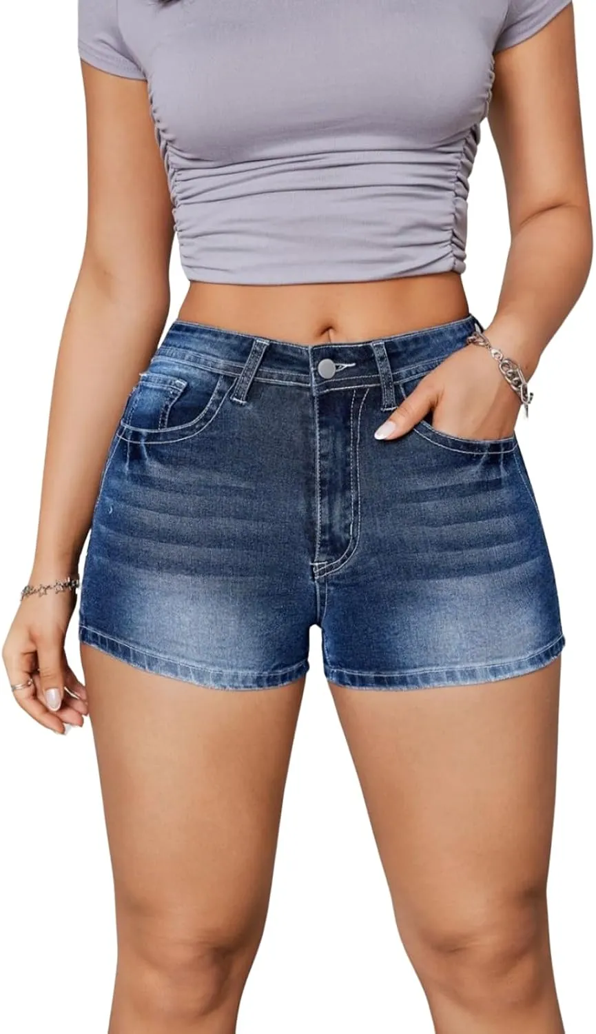 High Waisted Jean Shorts for Women Stretchy Distressed Skinny Denim Shorts Ripped Summer Shorts Embroided Pockets