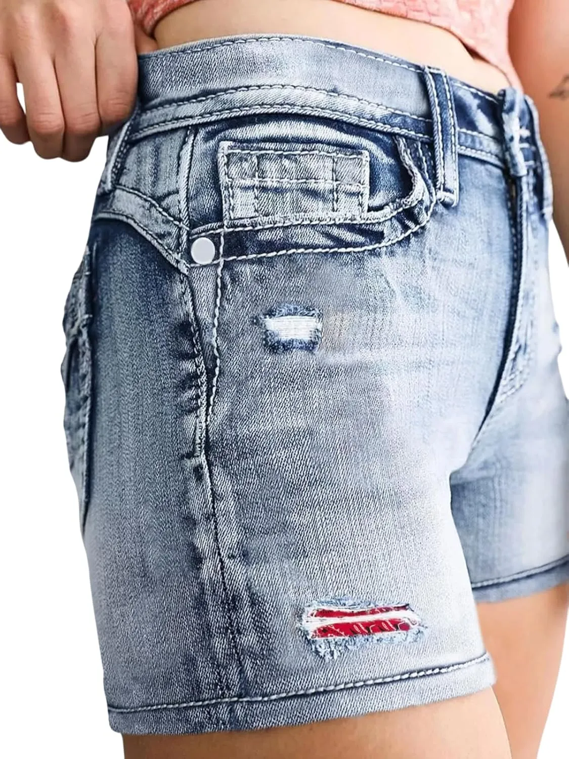 High Waisted Jean Shorts for Women Stretchy Distressed Skinny Denim Shorts Ripped Summer Shorts Embroided Pockets