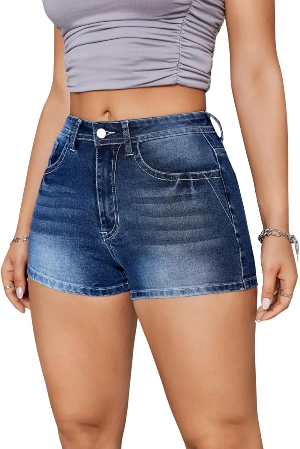 High Waisted Jean Shorts for Women Stretchy Distressed Skinny Denim Shorts Ripped Summer Shorts Embroided Pockets