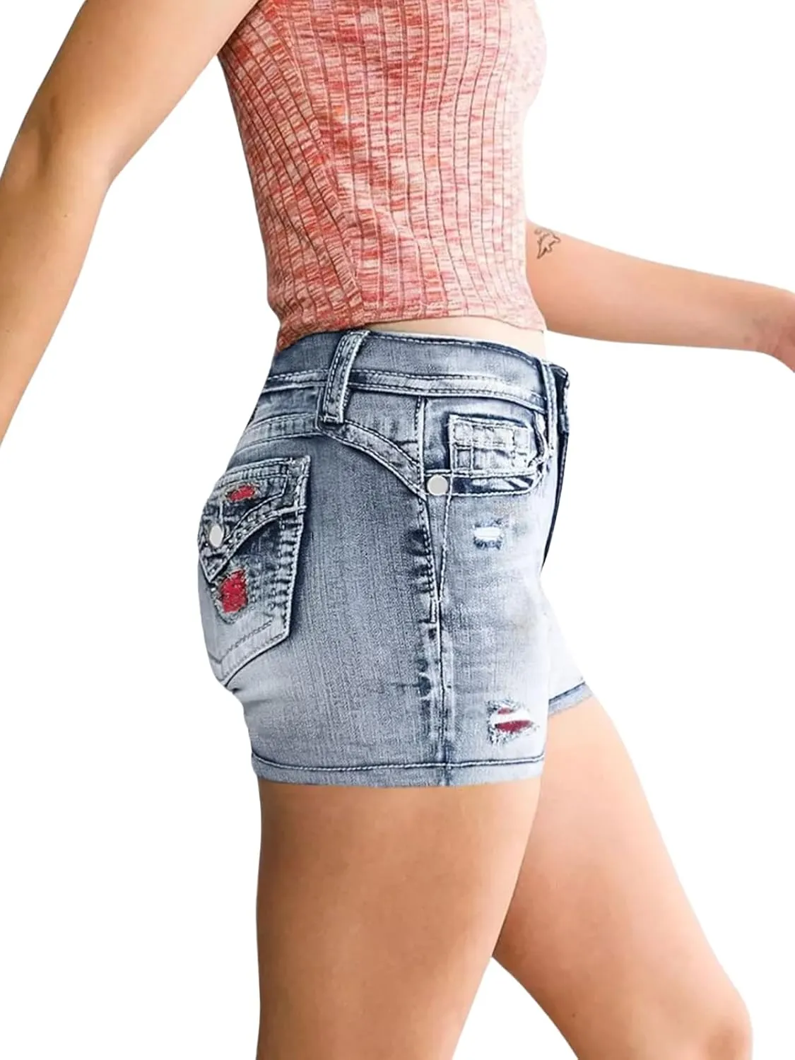 High Waisted Jean Shorts for Women Stretchy Distressed Skinny Denim Shorts Ripped Summer Shorts Embroided Pockets