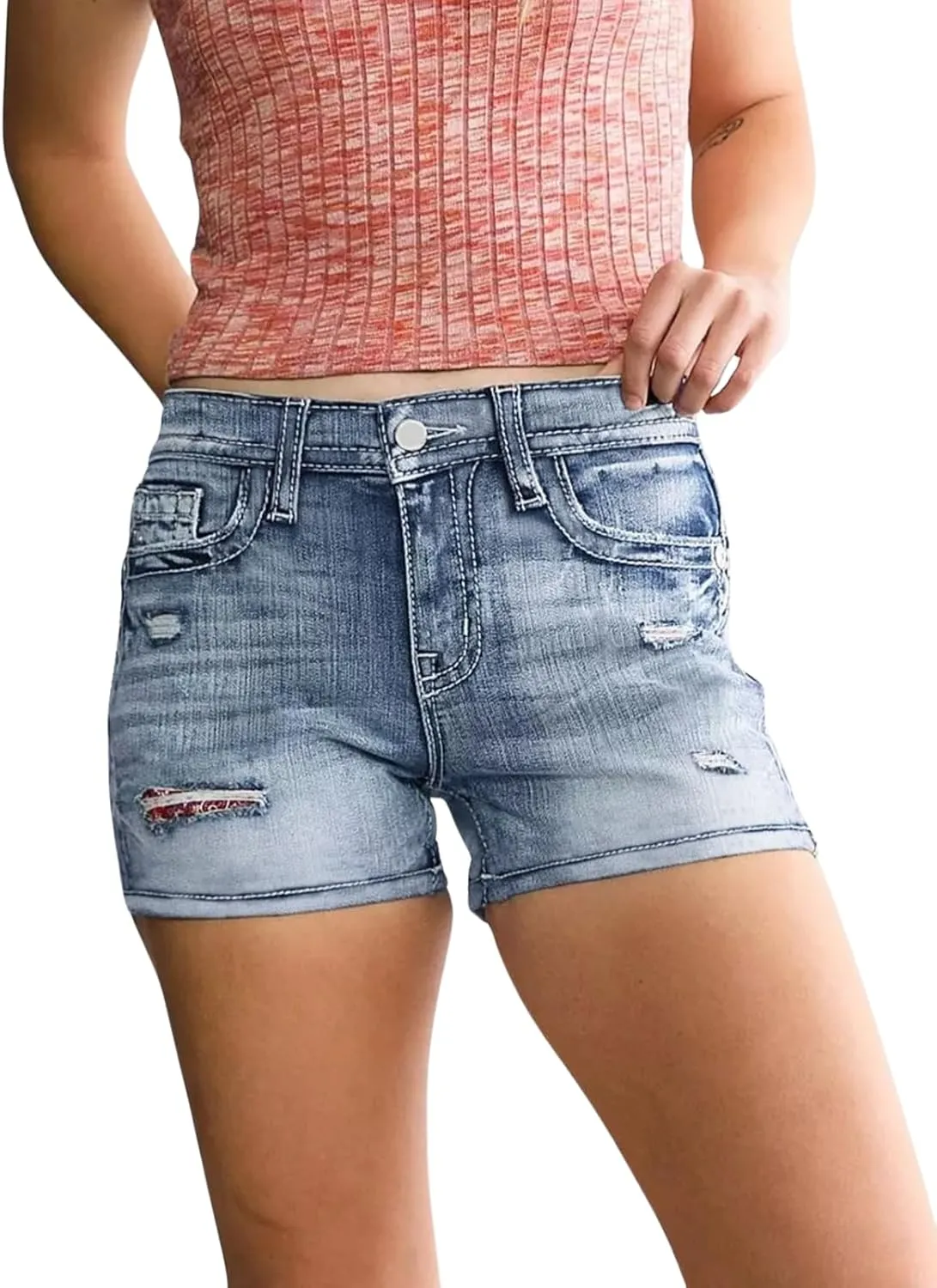 High Waisted Jean Shorts for Women Stretchy Distressed Skinny Denim Shorts Ripped Summer Shorts Embroided Pockets
