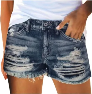 High Waisted Jean Shorts Stretchy Summer Denim Shorts Ripped Button Fly Cuffed Jean Shorts