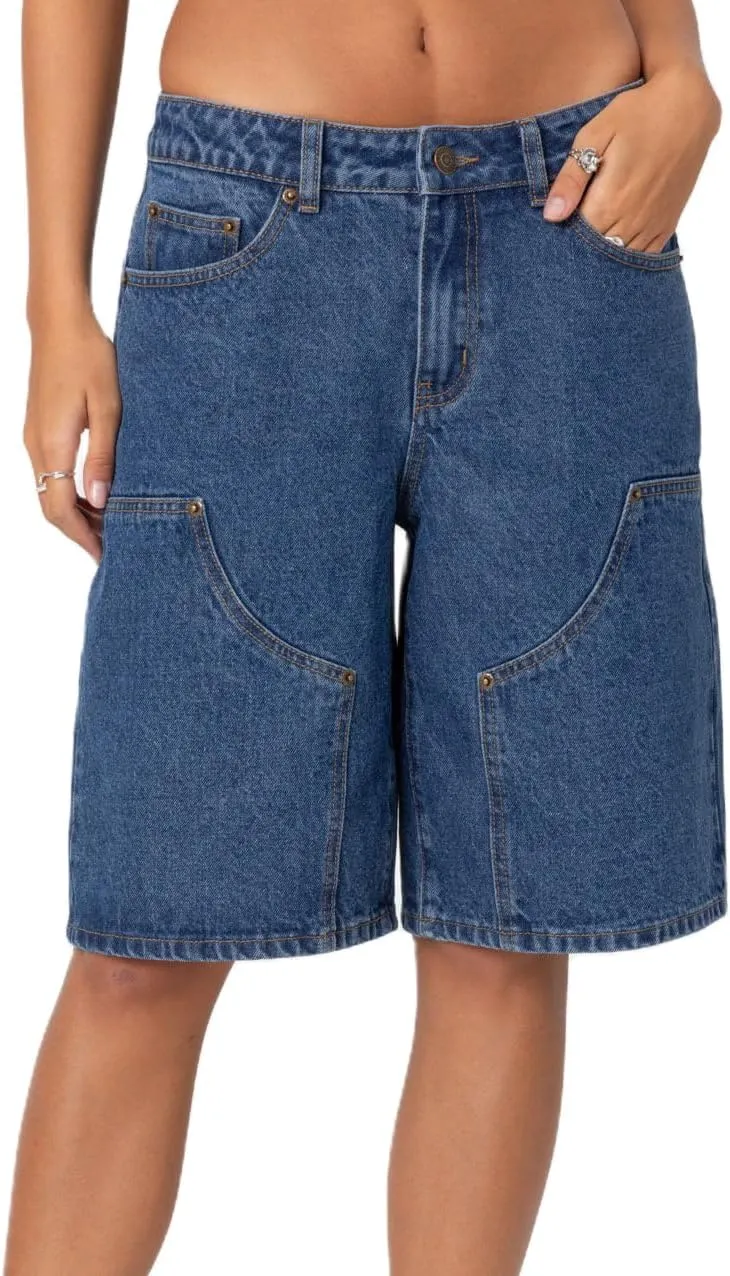 High Waisted Jean Shorts Women Casual Trendy Stretchy Wide Leg Denim Shorts Baggy Straight Leg Shorts with Pockets