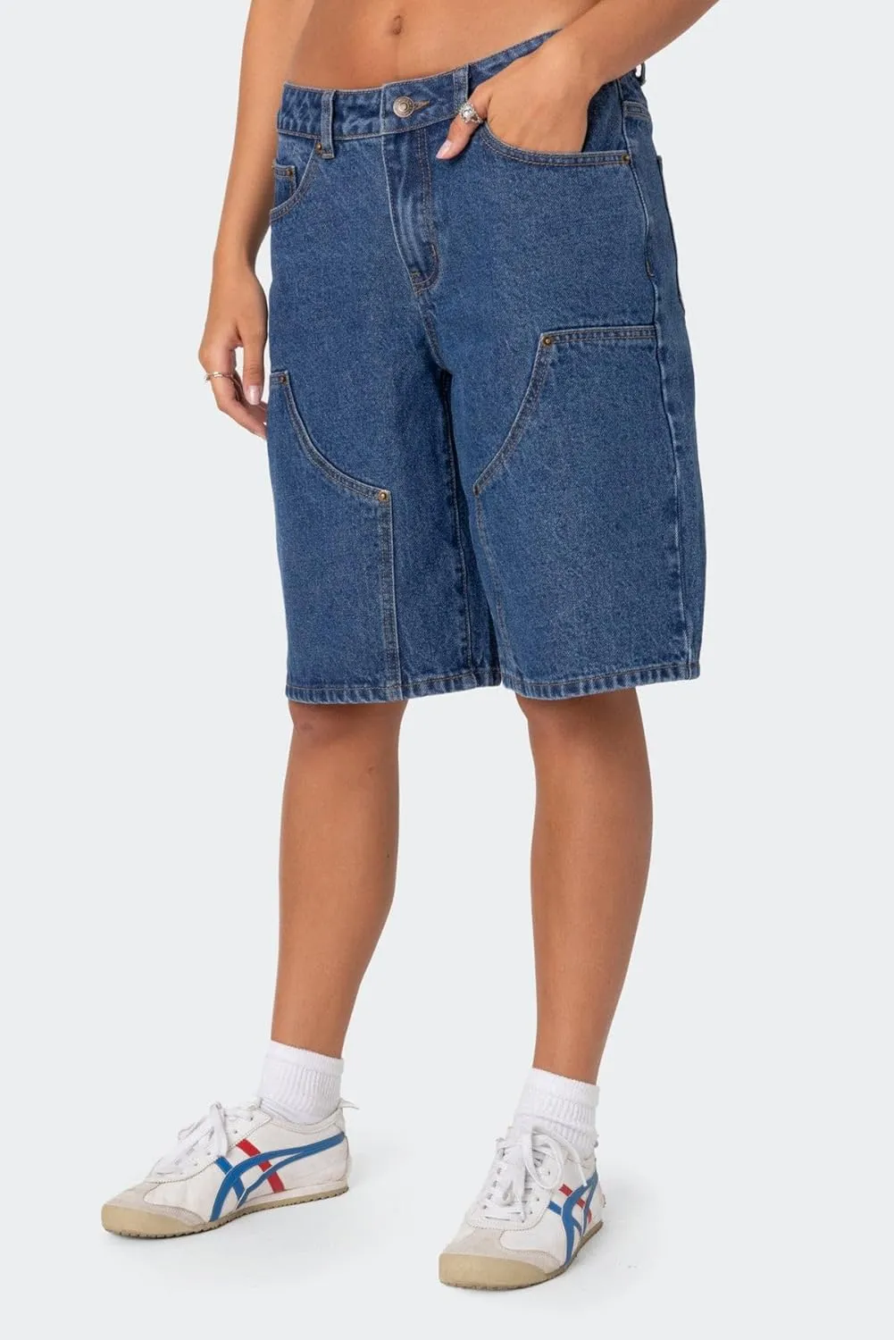 High Waisted Jean Shorts Women Casual Trendy Stretchy Wide Leg Denim Shorts Baggy Straight Leg Shorts with Pockets