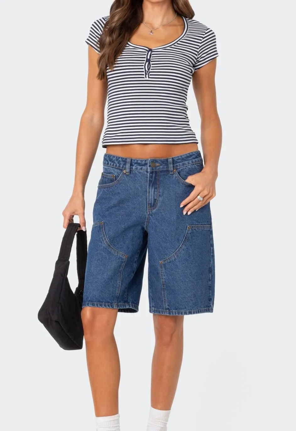 High Waisted Jean Shorts Women Casual Trendy Stretchy Wide Leg Denim Shorts Baggy Straight Leg Shorts with Pockets