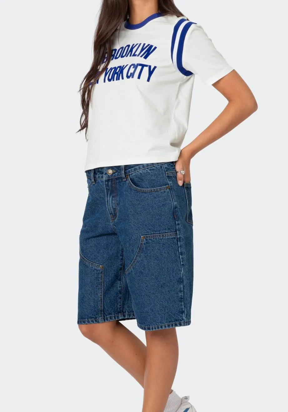 High Waisted Jean Shorts Women Casual Trendy Stretchy Wide Leg Denim Shorts Baggy Straight Leg Shorts with Pockets