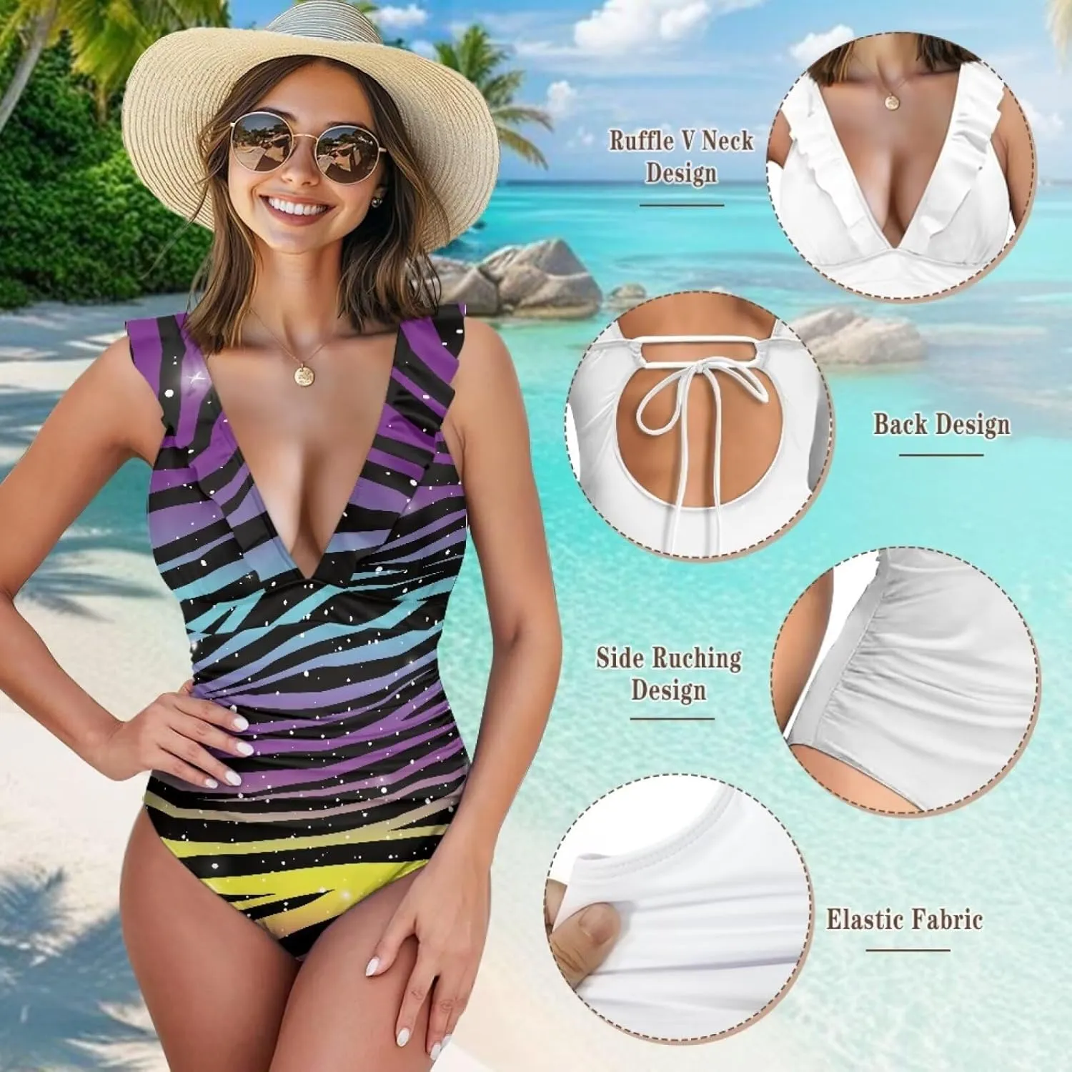 Howilath Animals Print Womens One Piece Swimsuits Halter Ruched Bathing Suit Tummy Control Casual Ladies Swimwear