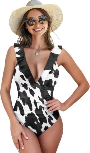 Howilath Animals Print Womens One Piece Swimsuits Halter Ruched Bathing Suit Tummy Control Casual Ladies Swimwear