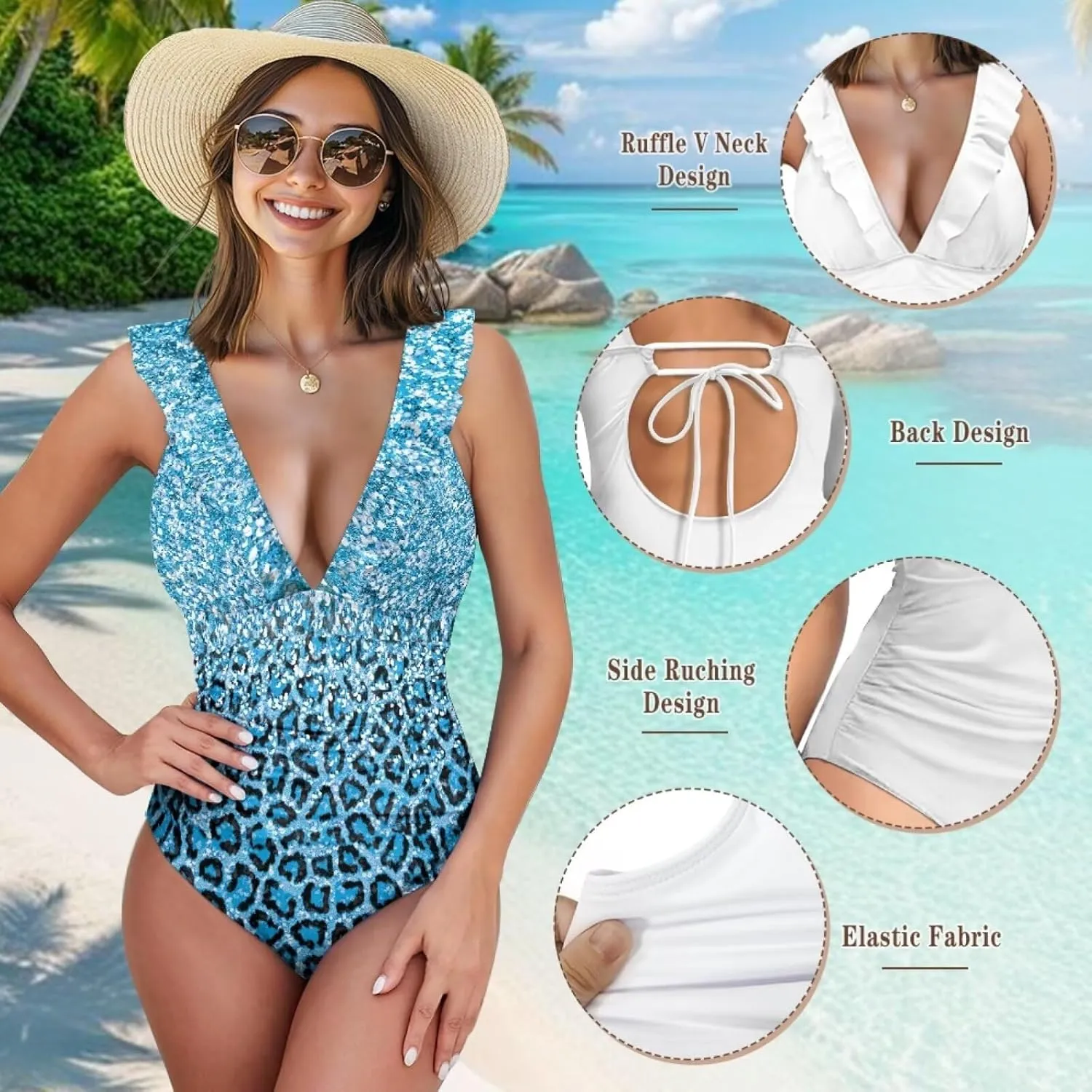 Howilath Animals Print Womens One Piece Swimsuits Halter Ruched Bathing Suit Tummy Control Casual Ladies Swimwear
