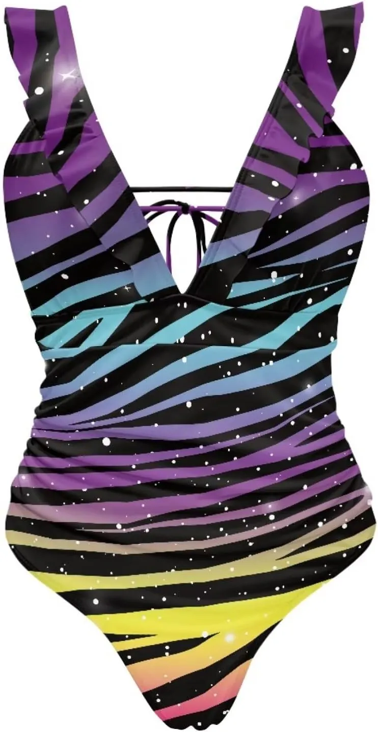 Howilath Animals Print Womens One Piece Swimsuits Halter Ruched Bathing Suit Tummy Control Casual Ladies Swimwear