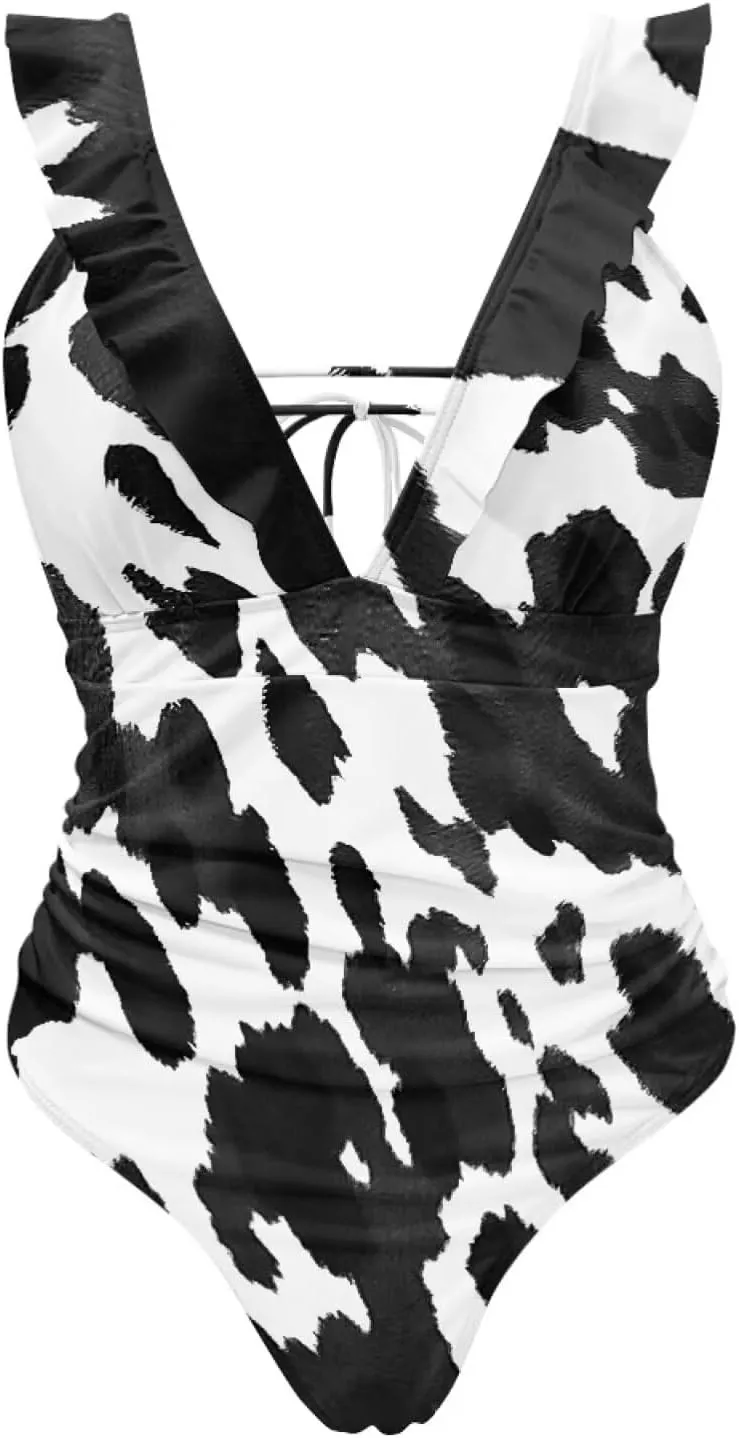 Howilath Animals Print Womens One Piece Swimsuits Halter Ruched Bathing Suit Tummy Control Casual Ladies Swimwear