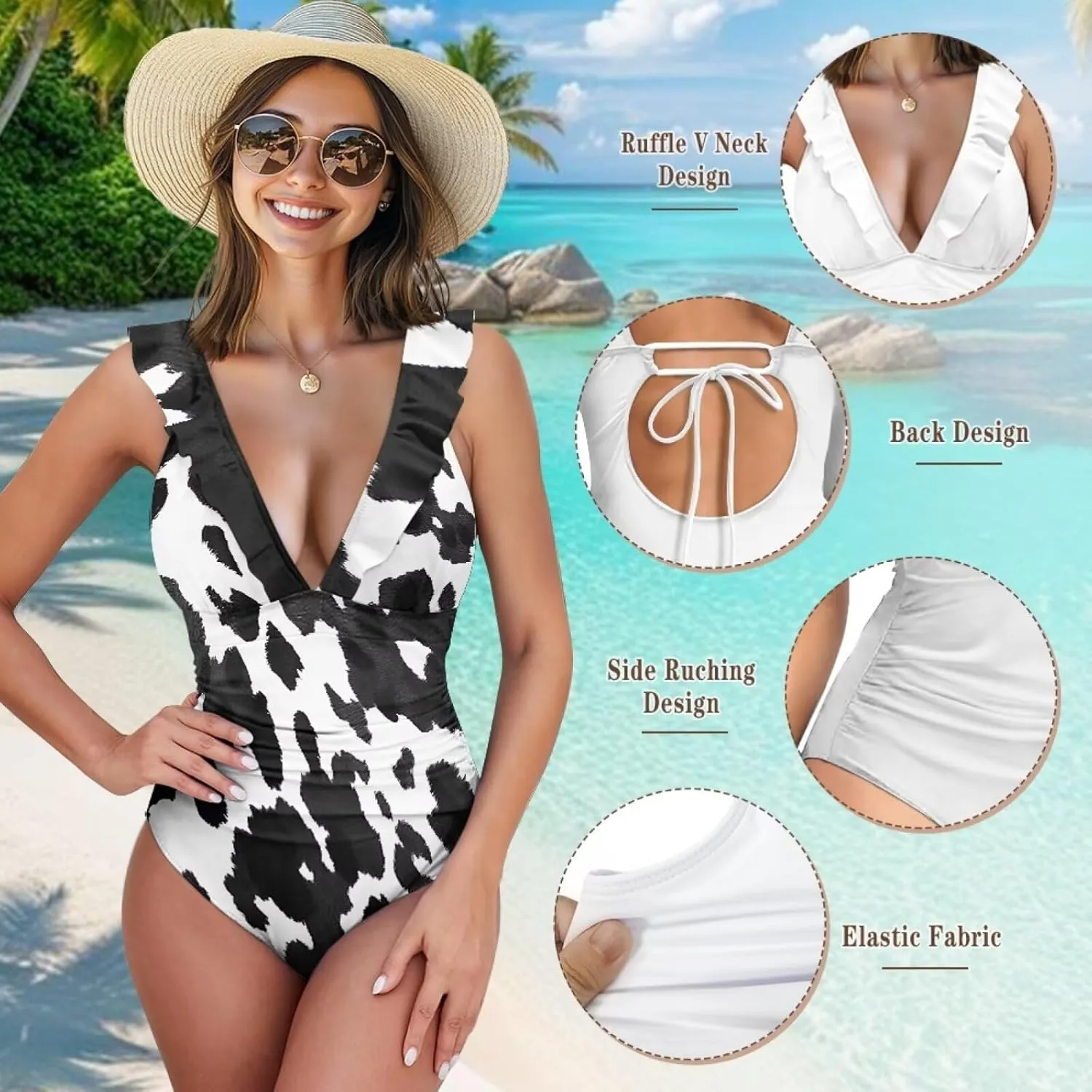 Howilath Animals Print Womens One Piece Swimsuits Halter Ruched Bathing Suit Tummy Control Casual Ladies Swimwear