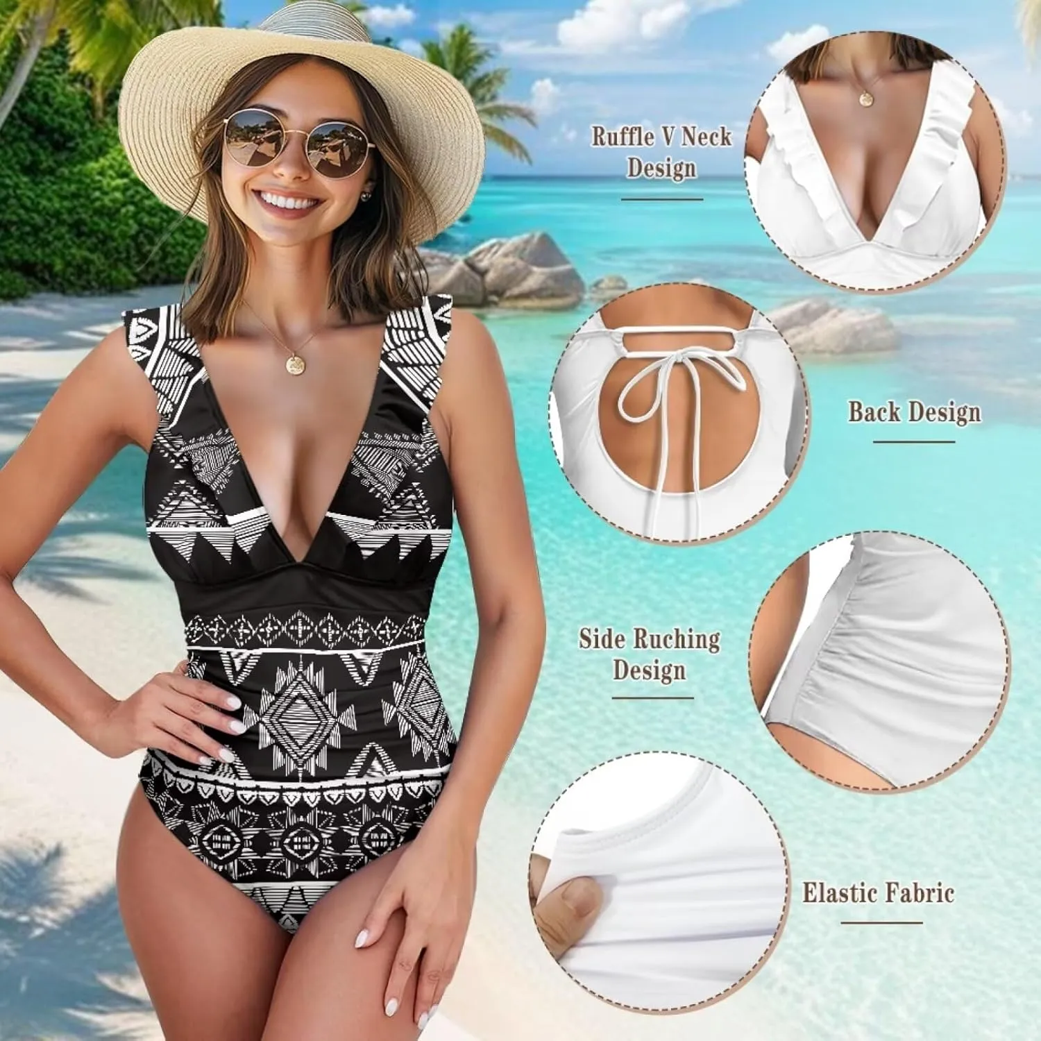 Howilath Aztec Tribal Print Women Swimwear Tummy Control One Piece Ladies Swimsuits V-Neck Bathing Suits High Waist Bikini