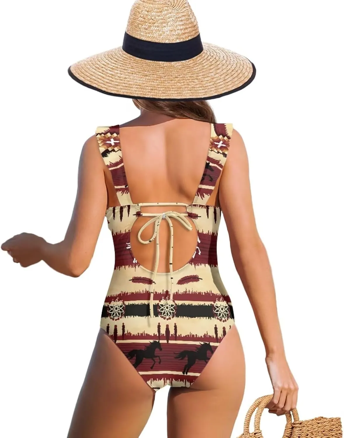 Howilath Aztec Tribal Print Women Swimwear Tummy Control One Piece Ladies Swimsuits V-Neck Bathing Suits High Waist Bikini