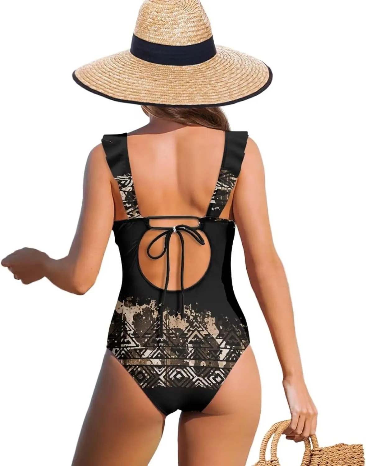 Howilath Aztec Tribal Print Women Swimwear Tummy Control One Piece Ladies Swimsuits V-Neck Bathing Suits High Waist Bikini