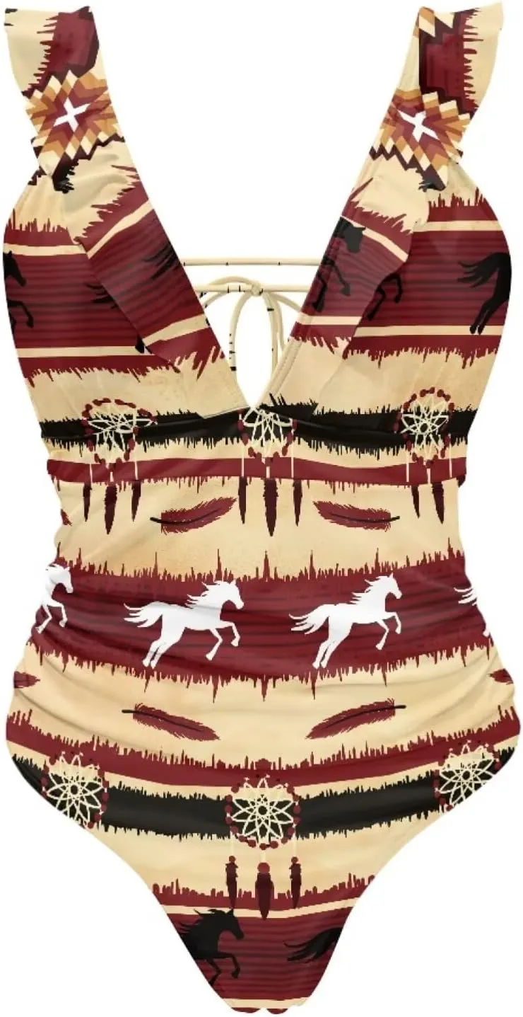 Howilath Aztec Tribal Print Women Swimwear Tummy Control One Piece Ladies Swimsuits V-Neck Bathing Suits High Waist Bikini