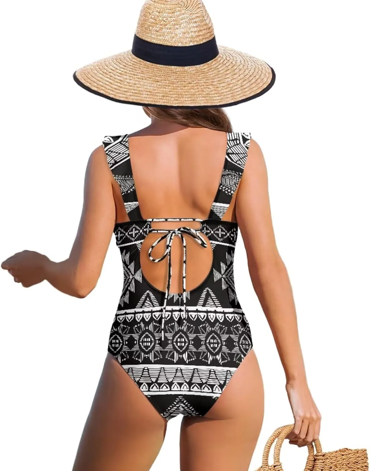 Howilath Aztec Tribal Print Women Swimwear Tummy Control One Piece Ladies Swimsuits V-Neck Bathing Suits High Waist Bikini