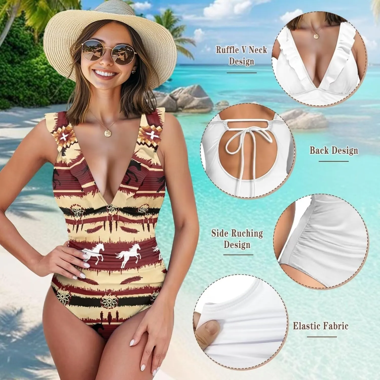 Howilath Aztec Tribal Print Women Swimwear Tummy Control One Piece Ladies Swimsuits V-Neck Bathing Suits High Waist Bikini